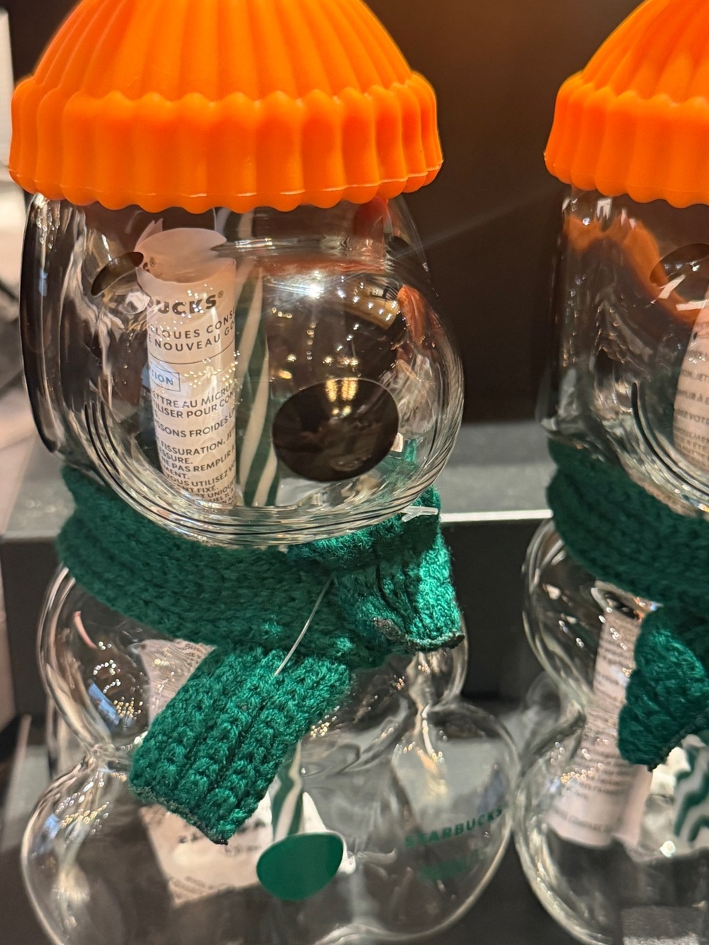 Starbucks Clear Snowman Bottle with Orange Lid and Green Scarf